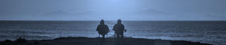 Blue tint image of older couple at beach