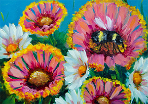 A vibrant oil painting of a bumble bee landing on a pink flower.