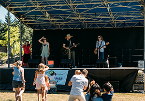 Concert goers enjoy a performance in a sunny Summer afternoon.