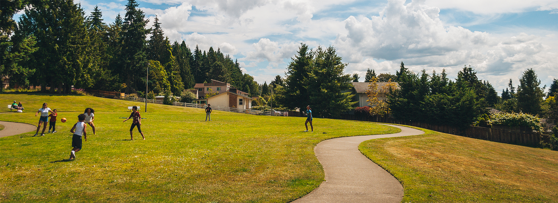 Children play ball on the grass along a path winding to the trees in the background.