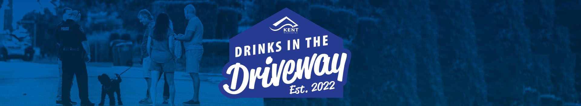 Drinks in the Driveway logo on a neighborhood photo with a blue gradient