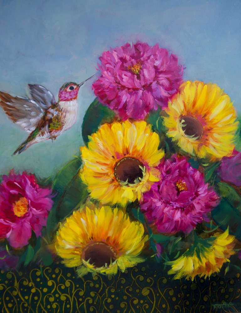 Rohini Mathur - Joyful Hummingbird With Sunshine Spring Sunflowers And Peonies (Medium)