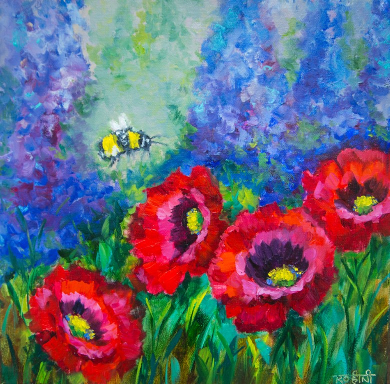 Rohini Mathur - Radiant Red Poppies and the Fluttering Friend (Medium)