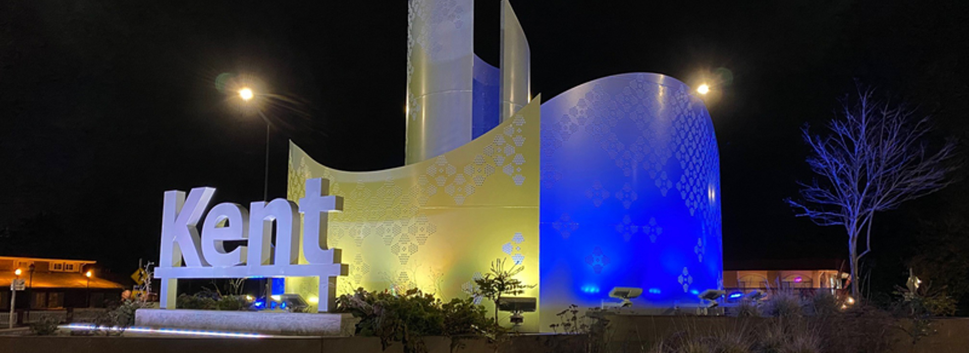 Artwork at the 4th and Willis roundabout at night with Ukraine colors